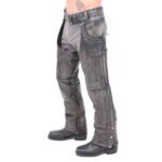 mens distressed grey leather motorcycle chaps front view