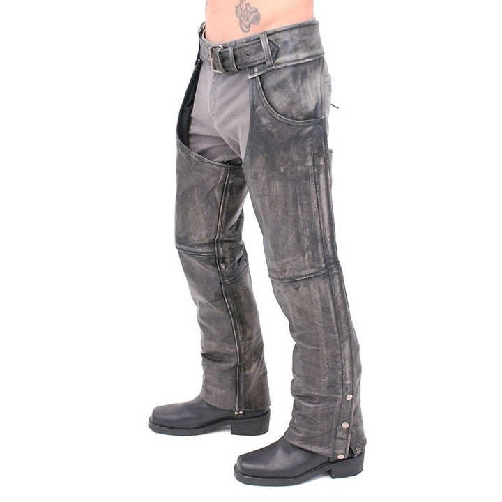 mens distressed grey leather motorcycle chaps front view