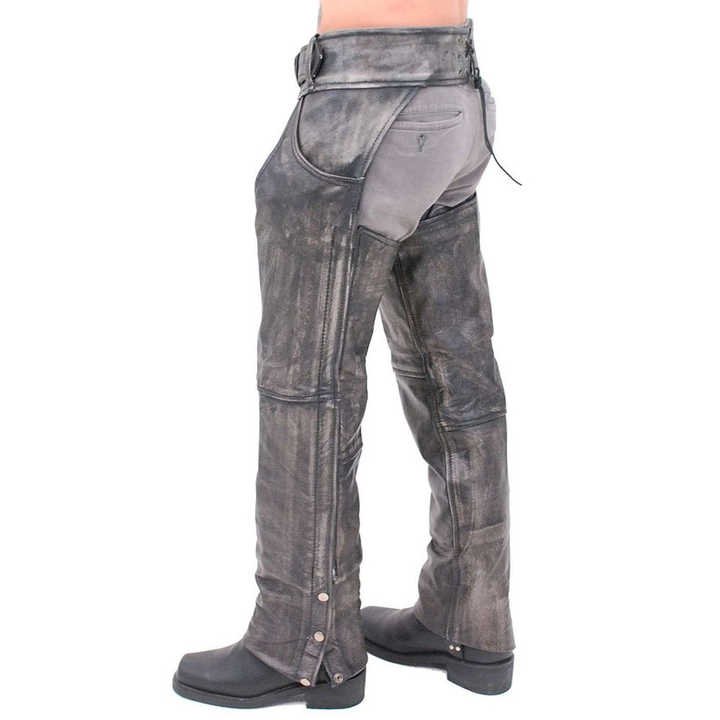 mens grey wash leather biker chaps side view zip closure