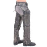 mens distressed grey leather motorcycle chaps full length view