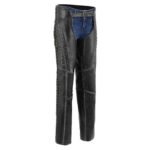 mens black leather motorcycle chaps with lace up grommet detail