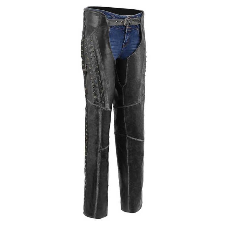 mens black leather motorcycle chaps with lace up grommet detail