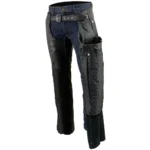 metal snap ankle closure mens black leather riding chaps