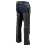 mens black leather motorcycle chaps full length open back view