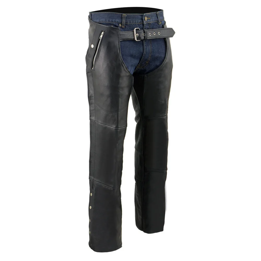 mens black leather motorcycle chaps with zip pocket front view