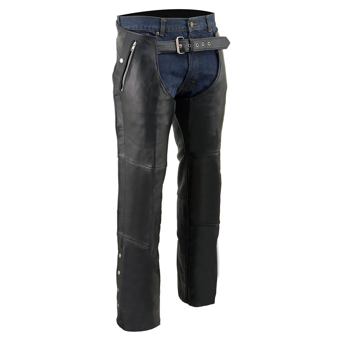 mens black leather motorcycle chaps with zip pocket front view