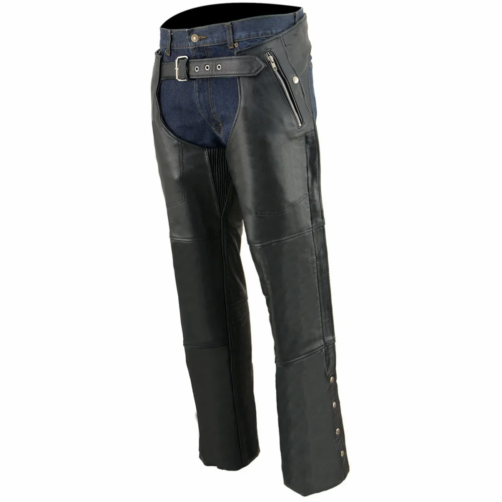 mens classic black leather biker chaps side view