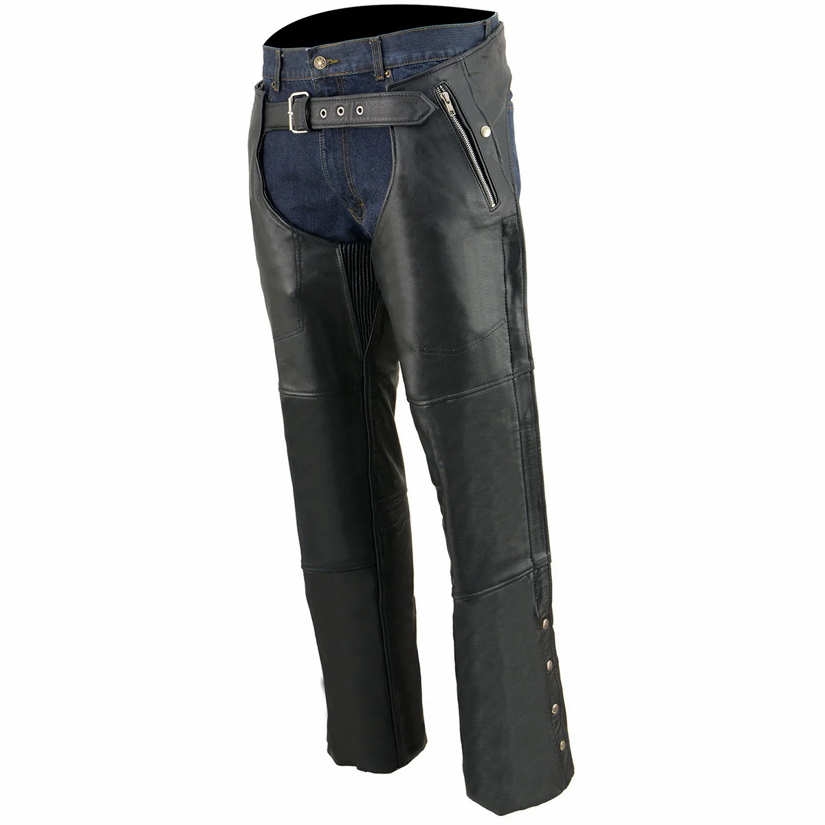 mens classic black leather biker chaps side view