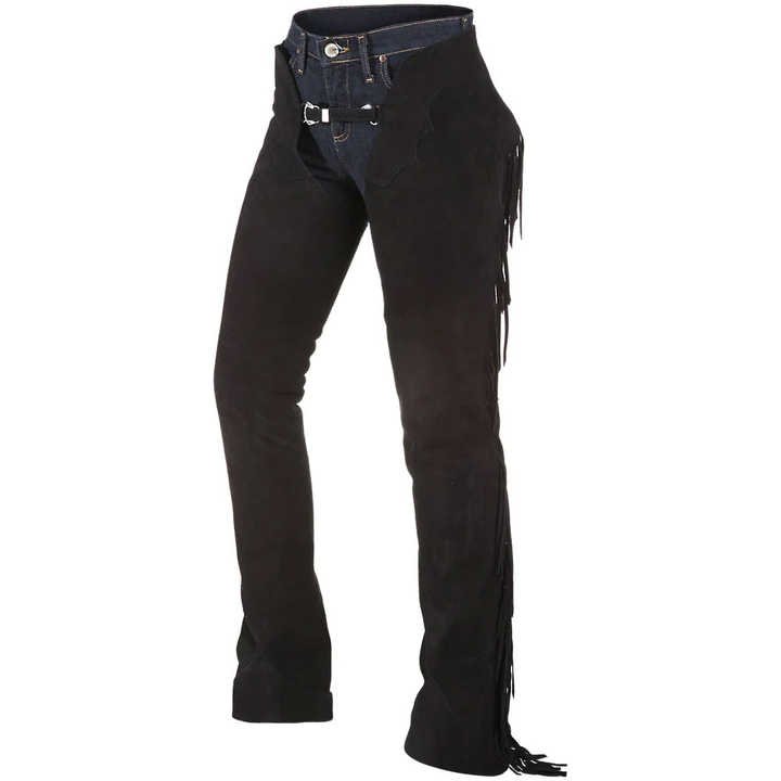 mens black suede leather fringe chaps front view