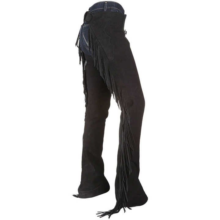 mens black leather fringe chaps full length outer leg fringe