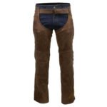 mens distressed brown leather biker chaps side view
