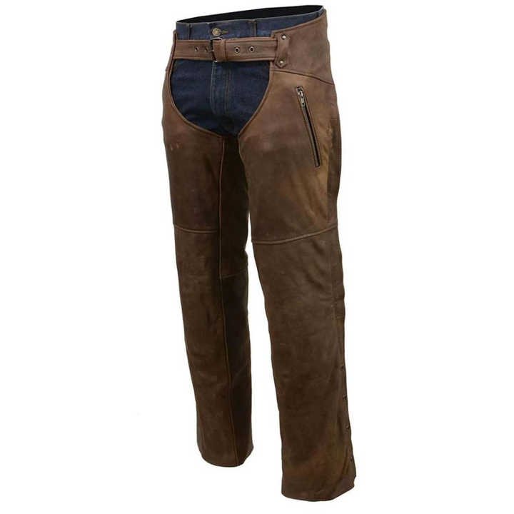 mens brown leather motorcycle chaps with zip pocket front view