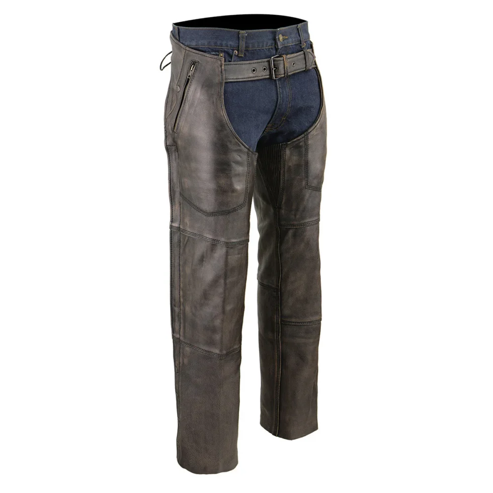 mens distressed dark brown leather motorcycle chaps with zip pocket