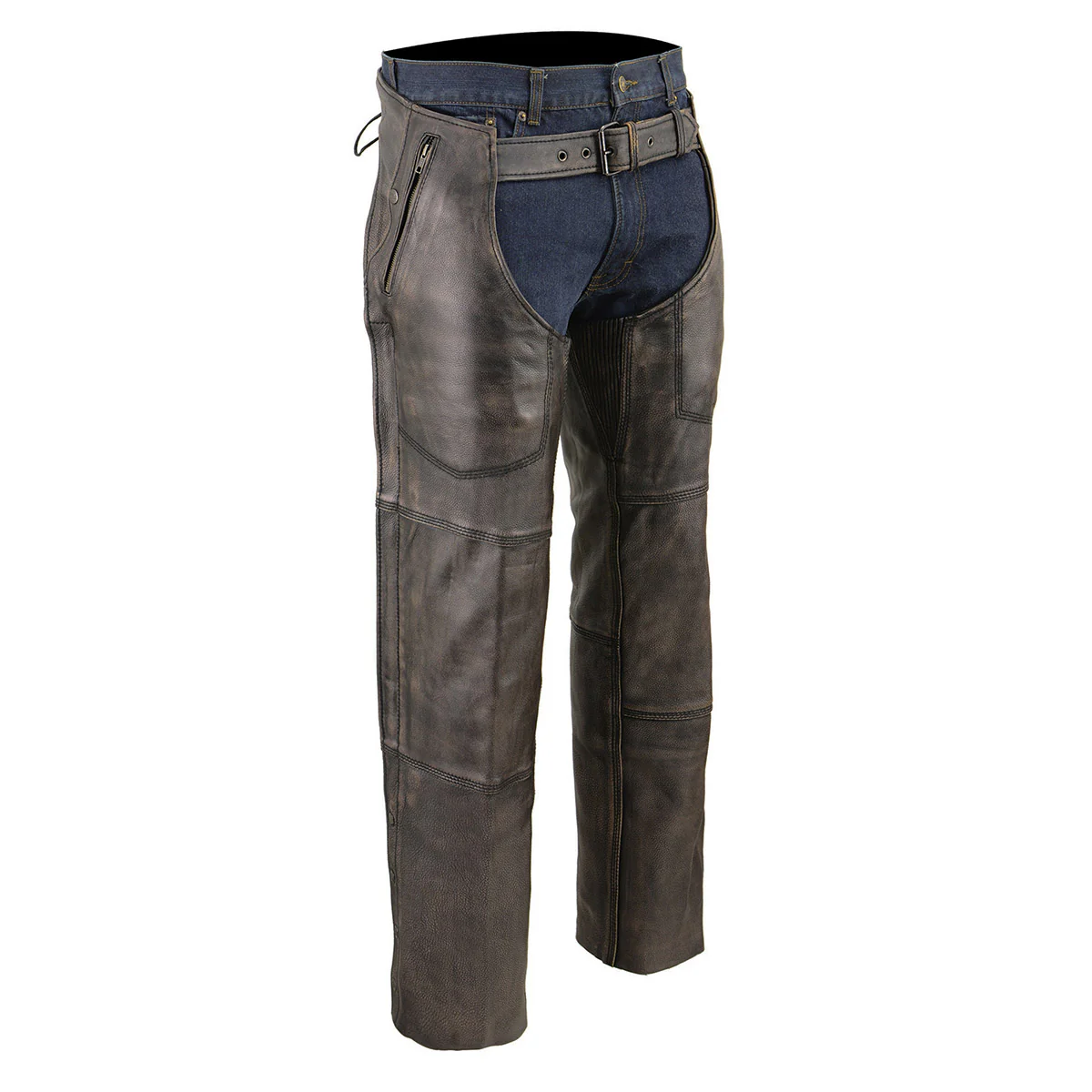 mens distressed dark brown leather motorcycle chaps with zip pocket