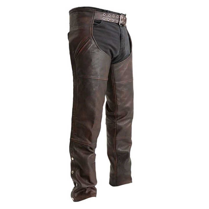 mens distressed leather motorcycle chaps with snap closure brown