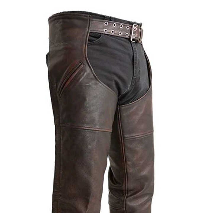 mens brown distressed leather biker chaps side view
