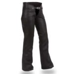 womens black leather motorcycle chaps with buckle closure