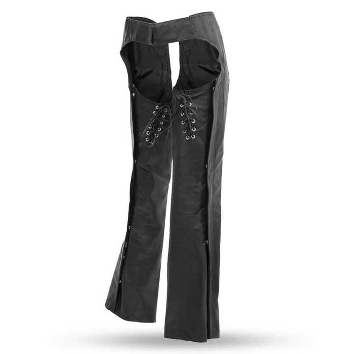 womens black leather biker chaps flare leg side view