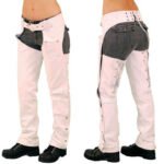 womens white leather motorcycle chaps side view metal snaps
