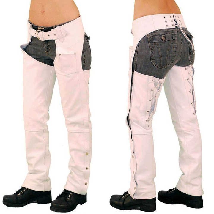 womens white leather motorcycle chaps side view metal snaps