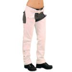 womens white leather motorcycle chaps front view