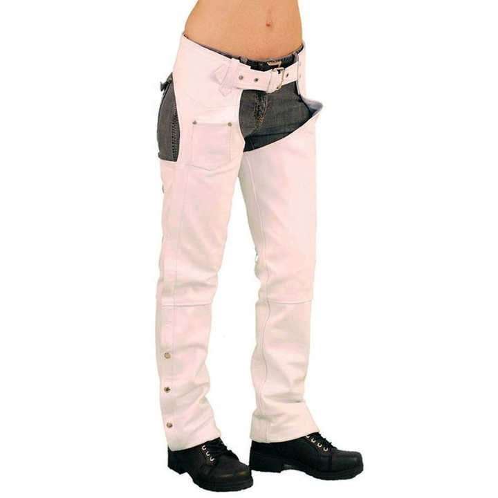 womens white leather motorcycle chaps front view
