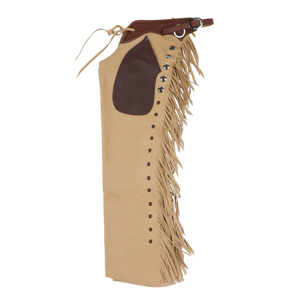 mens cream leather chinks with fringe front view