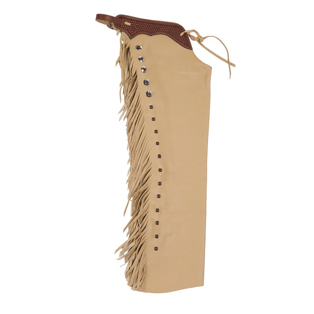 mens cream beige leather western chinks full length fringe side view