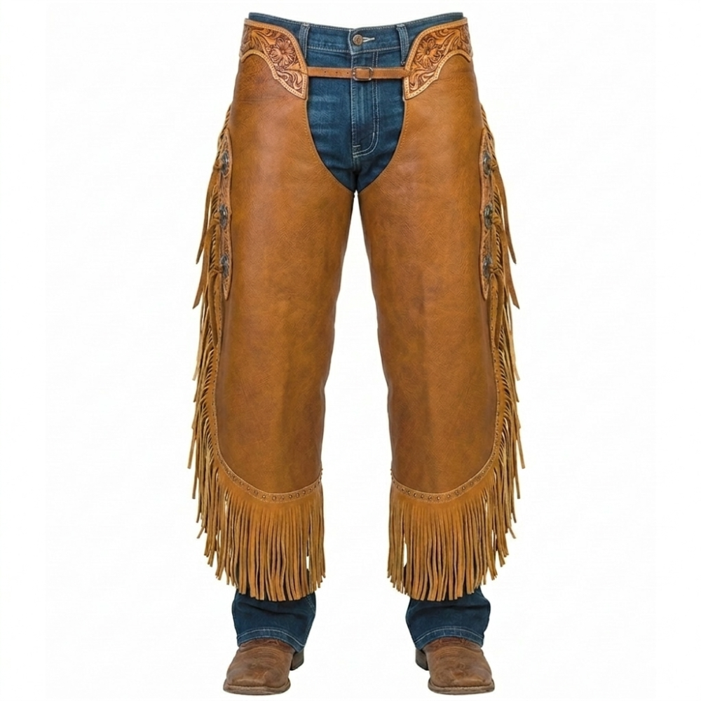 men’s brown leather fringe chaps front view western cowboy riding chaps with tooled panels