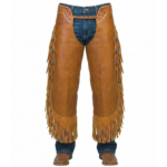 men’s brown leather fringe chaps front view western cowboy riding chaps with tooled panels