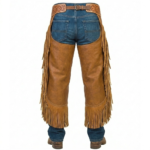 men’s brown leather fringe chaps back view open back design adjustable belt western riding chaps