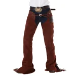 mens brown suede leather western rodeo chaps with fringe front view