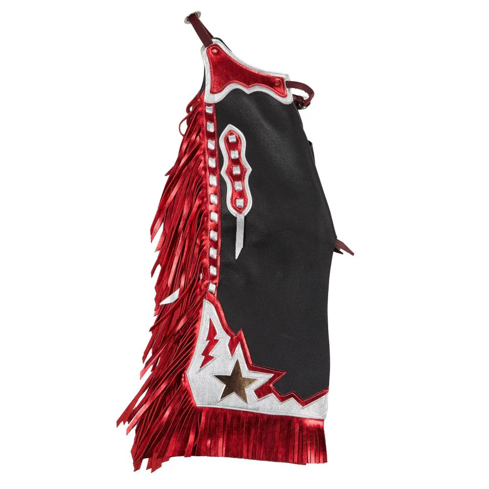 mens black leather rodeo chinks with red fringe front view