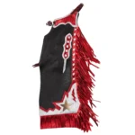 mens black leather show chinks metallic red fringe side view