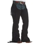 mens black suede leather western chaps with fringe front view