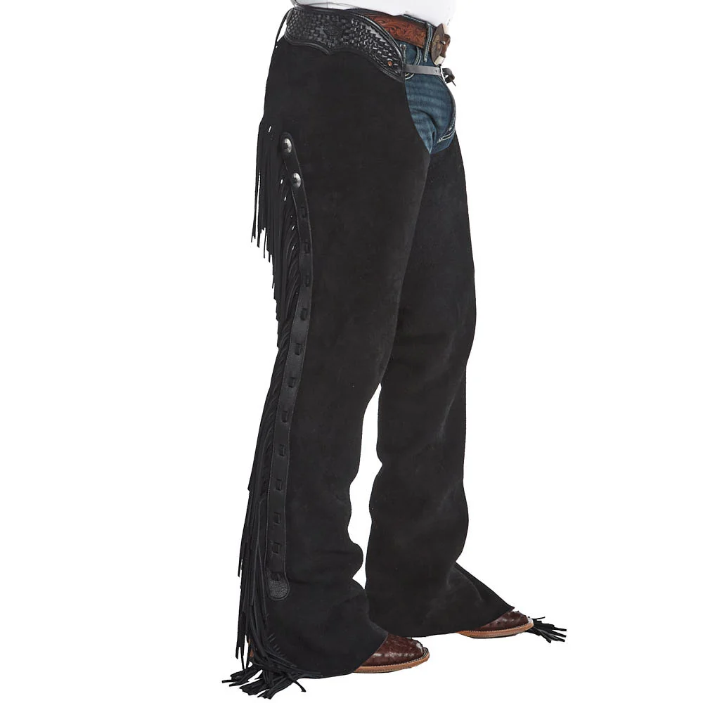 mens black suede western chaps full length fringe side view