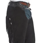tooled leather waistband yoke mens black suede western chaps