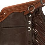 mens dark brown leather western chinks full length fringe side view