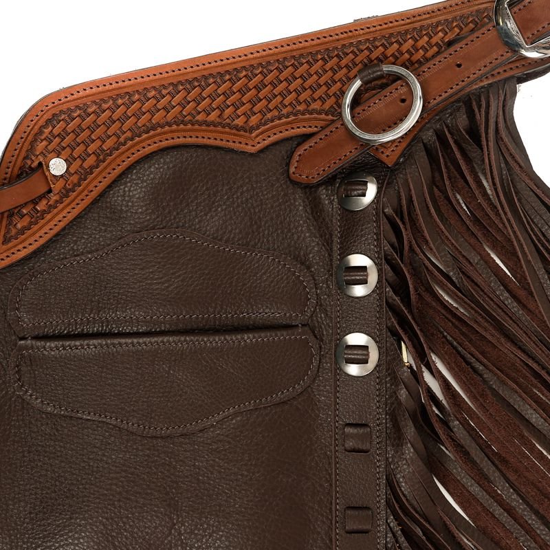 mens dark brown leather western chinks full length fringe side view