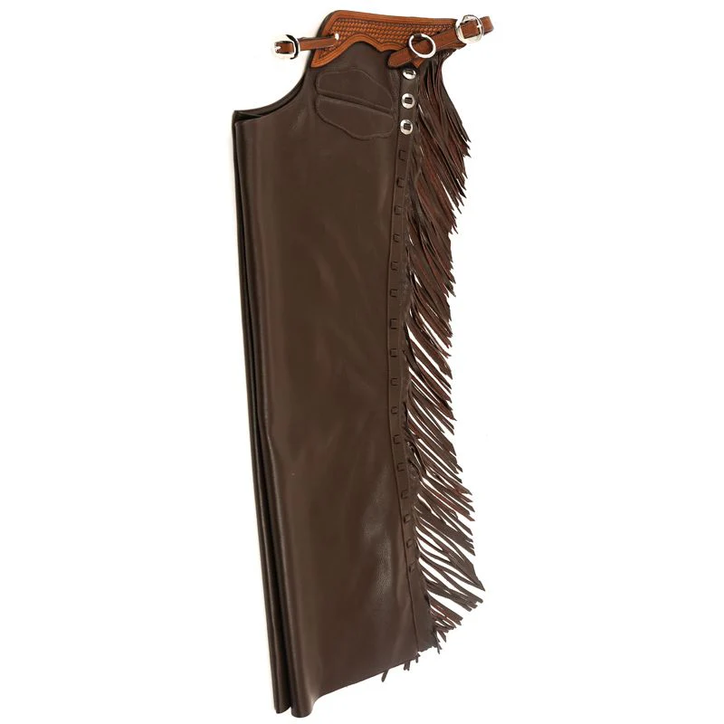 mens brown leather chinks with fringe front view