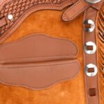 mens caramel tan suede western chinks full length fringe side view