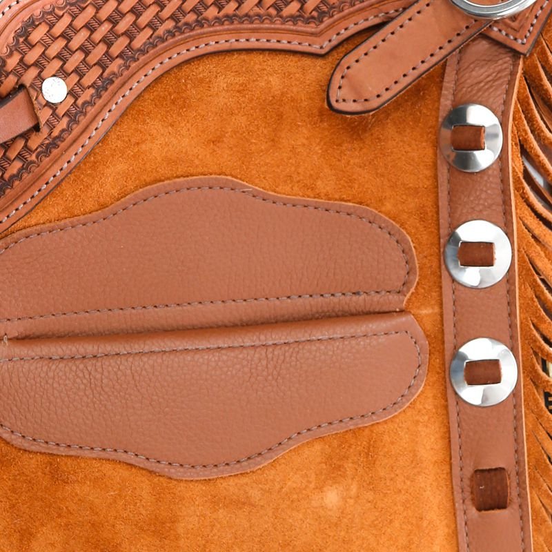 mens caramel tan suede western chinks full length fringe side view