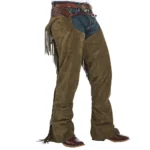 mens olive tan suede western chaps full length fringe side view