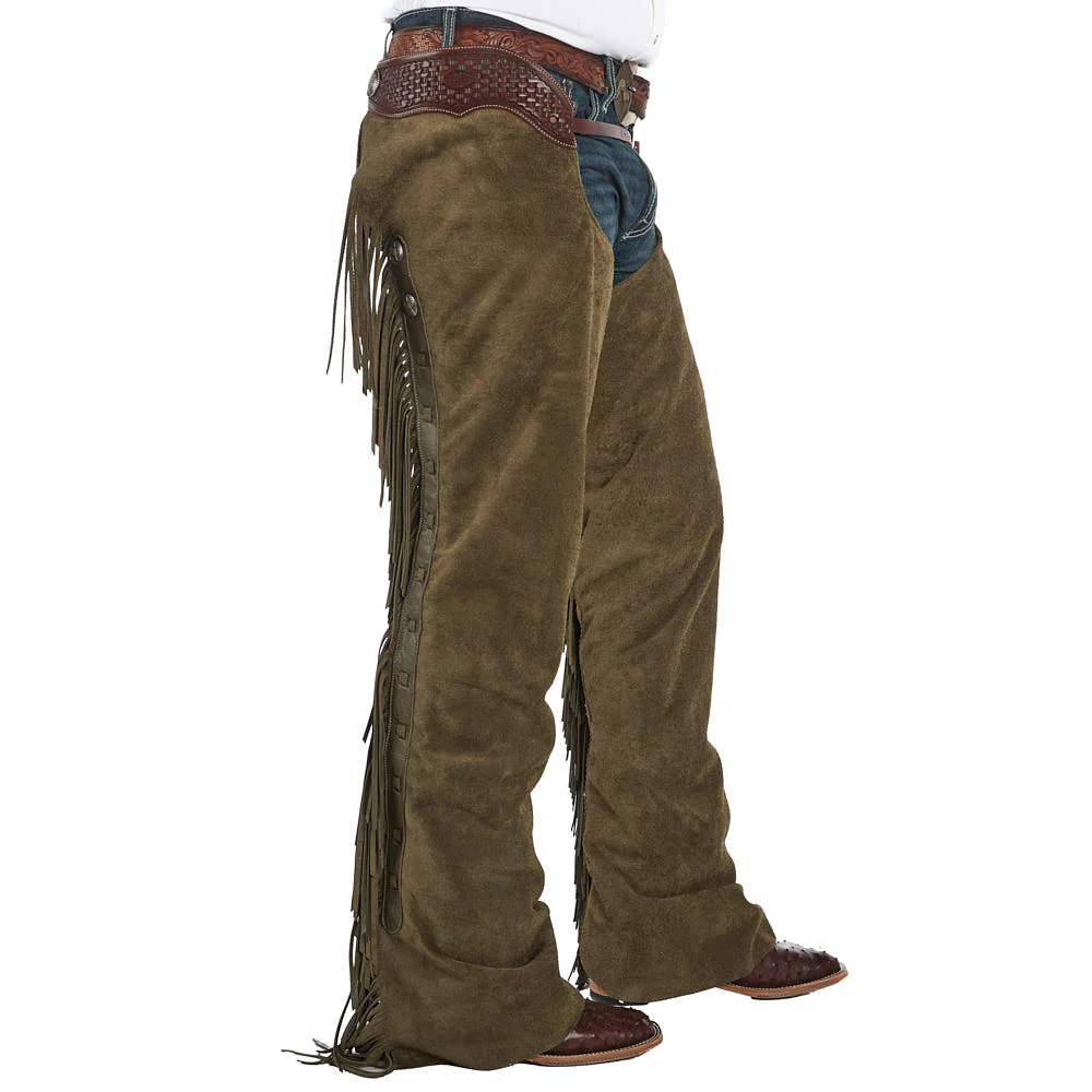 mens olive suede leather western chaps with fringe front view