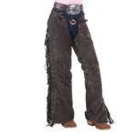 womens grey suede leather western rodeo chaps with fringe front view