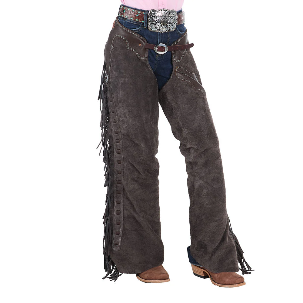 womens grey suede leather western rodeo chaps with fringe front view