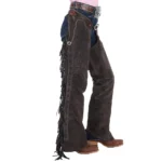 womens grey suede western rodeo chaps full length fringe side view